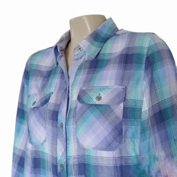 Marmot Womens Blue Teal Plaid Button Down Preppy Outdoor Activewear Hiking Fish - Picture 2 of 5